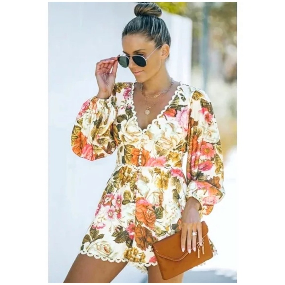 Luxxel Womens Cottagecore Floral Lace Trim Boho Festival Resortwear‎ Romper M